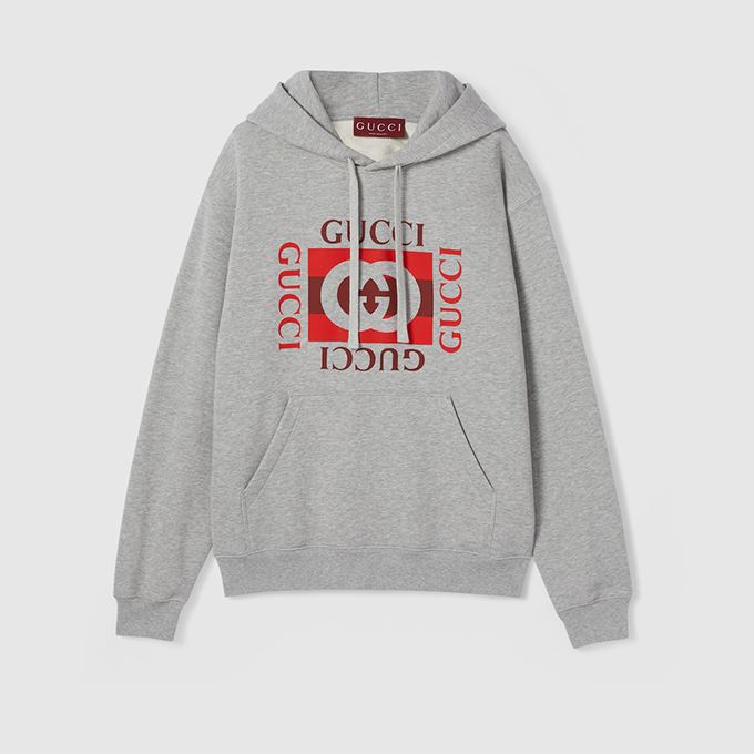 gucci tonal inter‑g logo print cotton fleece hoodie